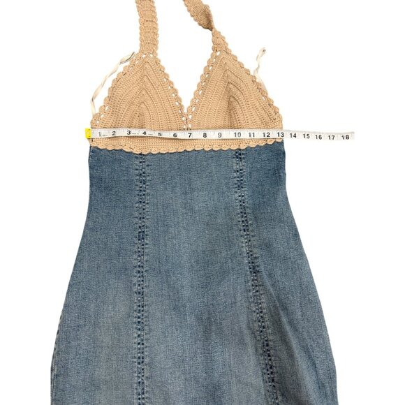 Wayne Rogers Denim Crochet Halter Dress Y2K Womens Size M - Picture 5 of 7